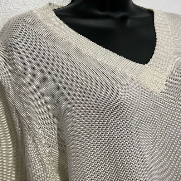 Vtg 80s 90s Spiegel Oversized V Neck Ivory Split Hem Ribbed Shine Sweater M - Picture 3 of 10